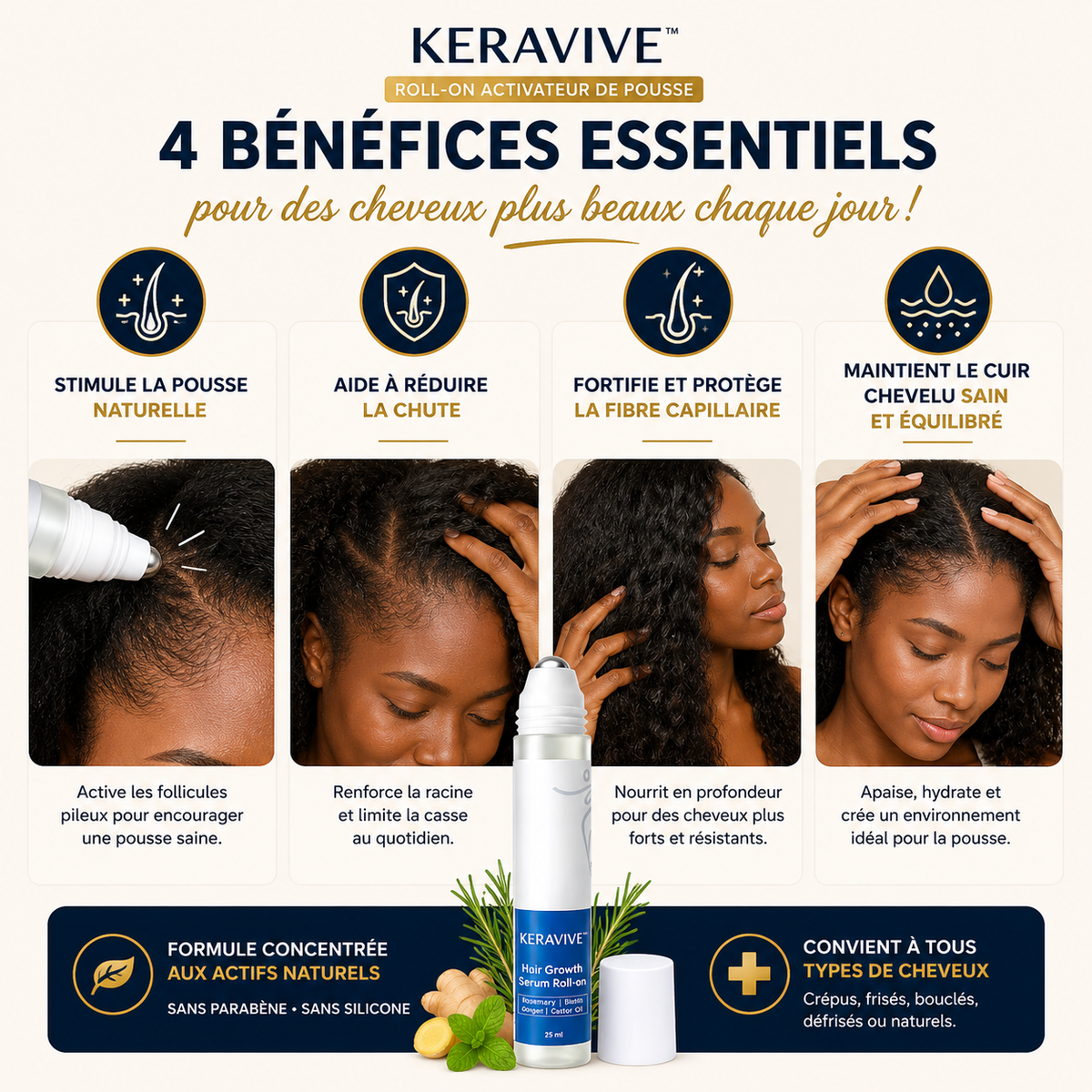 Découvrez KERAVIVE™, le roll-on capillaire conçu pour prendre soin de votre cuir chevelu et fortifier vos cheveux dès la racine.